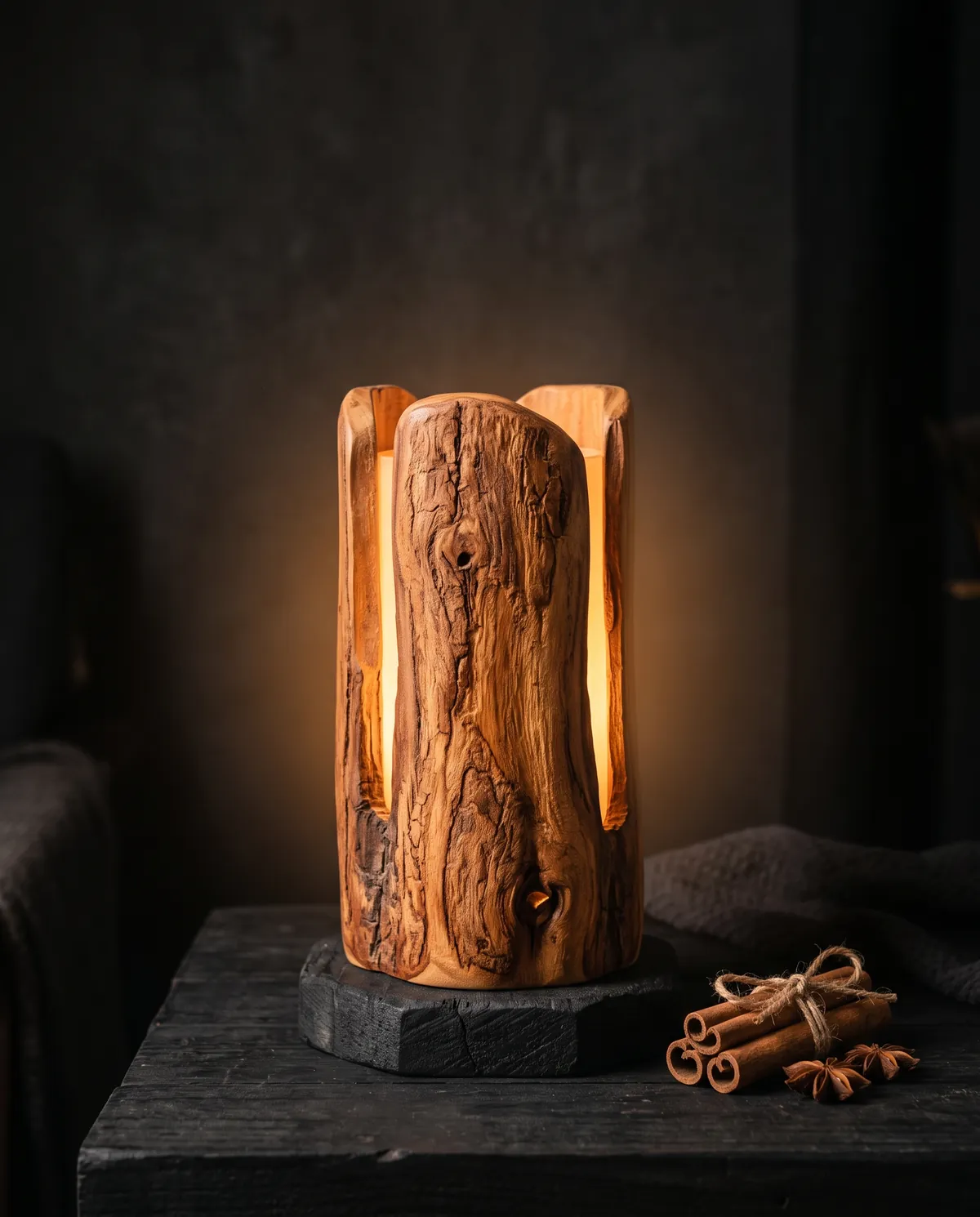 Đèn Quế Dưỡng Sinh toả ánh sáng hổ phách ấm dịu trong không gian tĩnh lặng, thân đèn bằng gỗ quế.