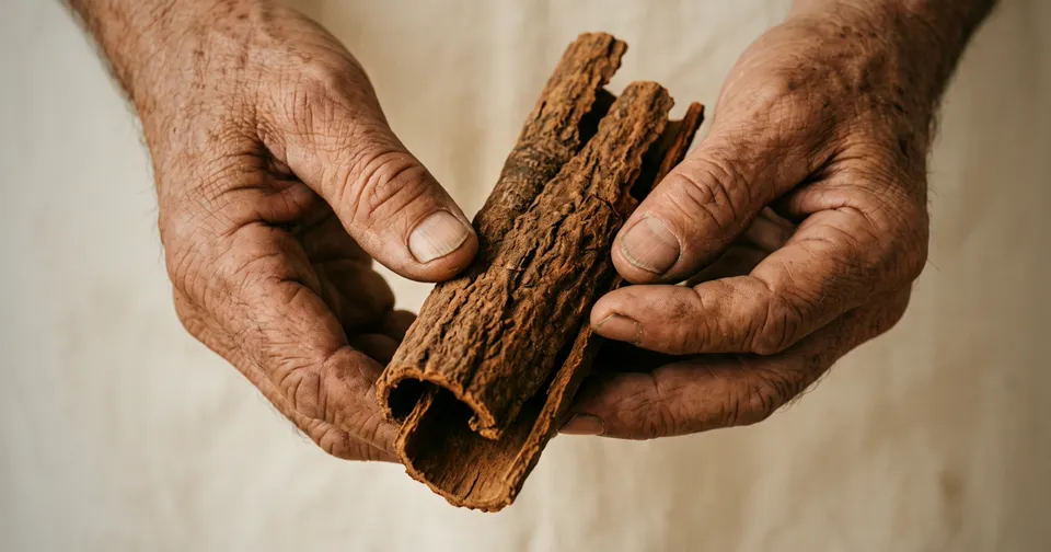 Bàn tay người làm quế bên bó vỏ quế, không lộ mặt định danh.