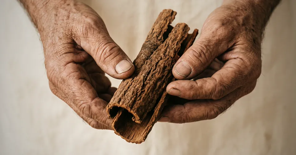 Bàn tay nâng vỏ quế với nền vải thổ cẩm mờ, không lộ mặt người.